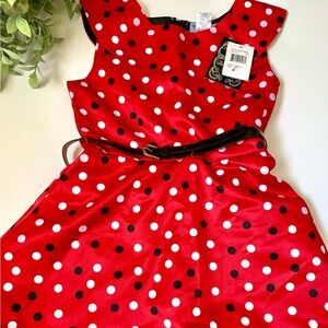Silk polka dot red black white dress with belt girl 7 brand new with tag